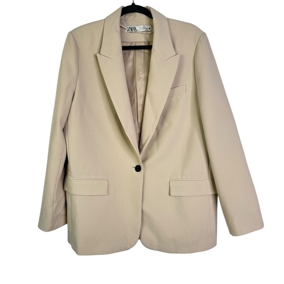 ZARA BEIGE STONE STRAIGHT TAILORED BLAZER WITH POCKETS BLOGGER FAVORITE LARGE L - Picture 4 of 15